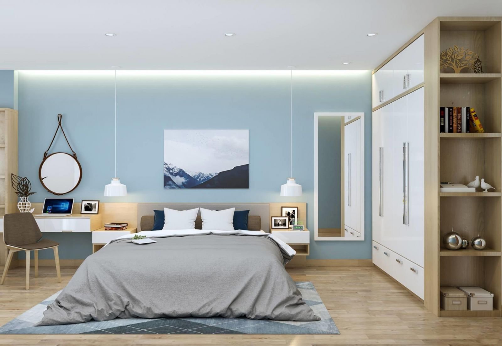 Bộ phòng ngủ tủ kịch trần kèm giá trang trí-13