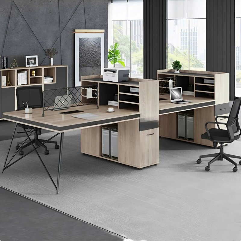 Bàn Làm Việc Chân Sắt 4 Người Liền Tủ Kệ