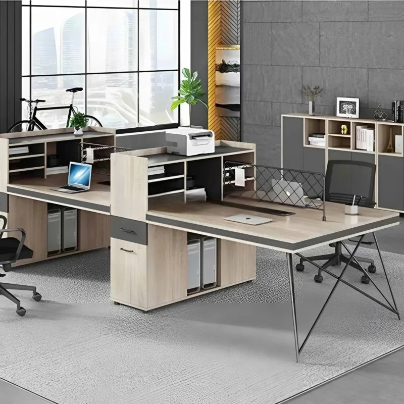 Bàn Làm Việc Chân Sắt 4 Người Liền Tủ Kệ