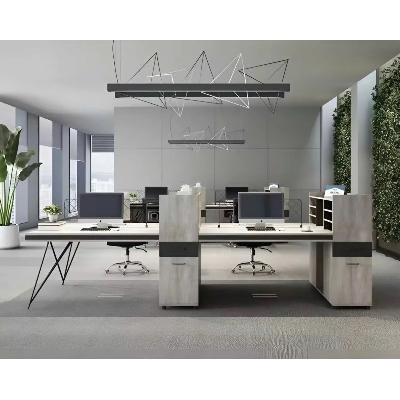 Bàn Làm Việc Chân Sắt 4 Người Liền Tủ Kệ
