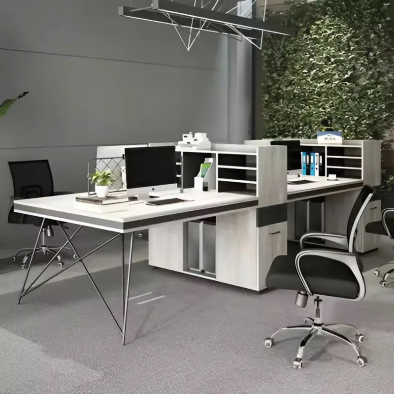 Bàn Làm Việc Chân Sắt 4 Người Liền Tủ Kệ