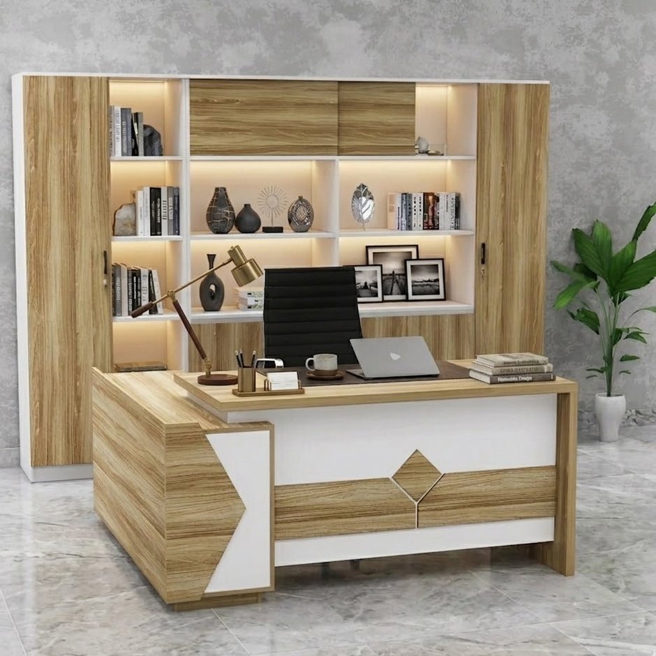 Bàn giám đốc trắng kết hợp vân gỗ