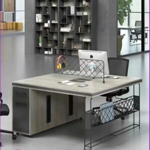 Bàn văn phòng 2 người tích hợp hộc tủ và kệ sắt để hồ sơ
