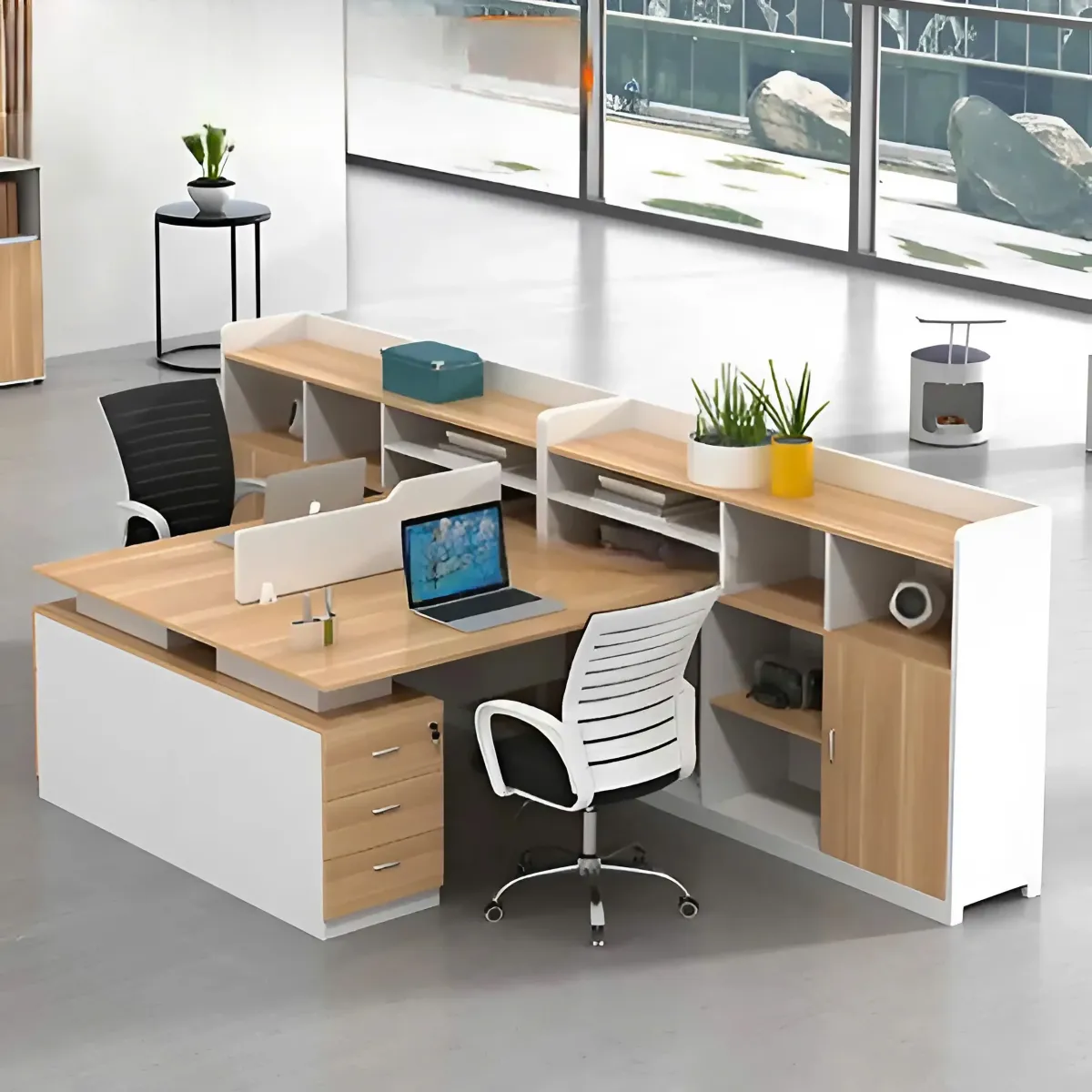 Cụm Bàn Làm Việc 2 Người Gỗ Công Nghiệp Kết Hợp Kệ