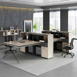 Cụm bàn văn phòng chân sắt chữ x 4 chỗ thiết kế tủ kệ tối ưu