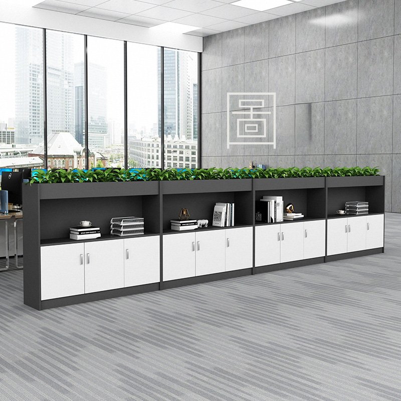 Tủ hồ sơ tài liệu thấp để cây màu đen ghi phối trắng
