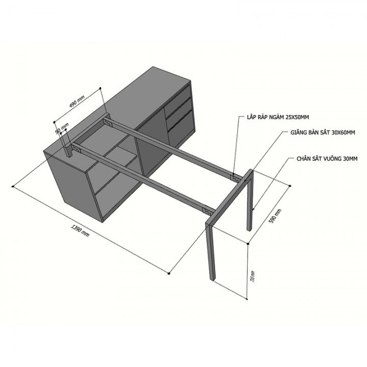 Chân sắt lắp ráp cho bàn gác tủ 140x60cm hệ Slean