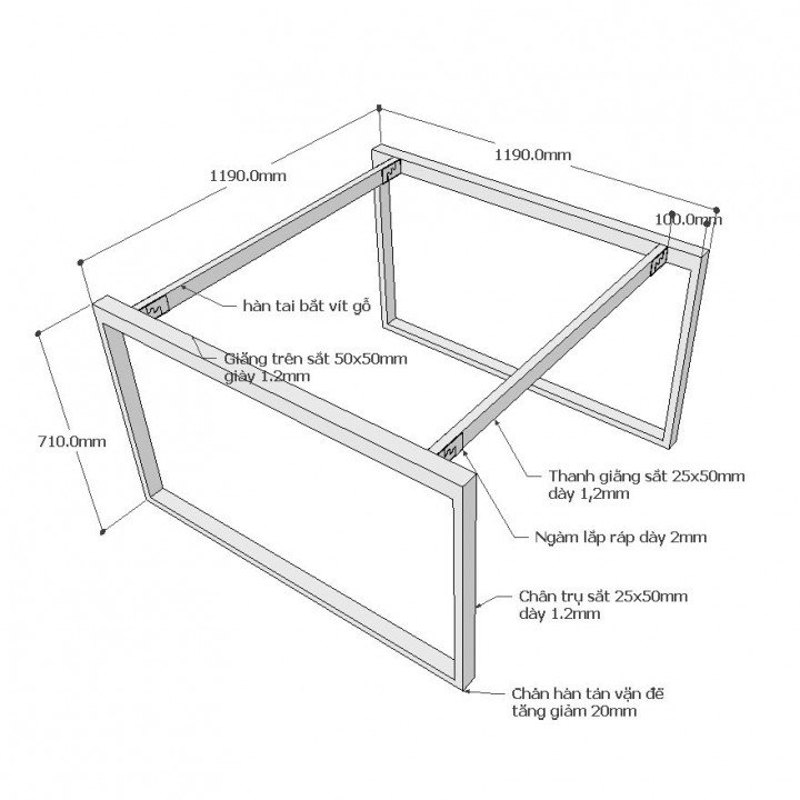 Chân bàn văn phòng cụm 2 120x120 sắt 25x50 lắp ráp