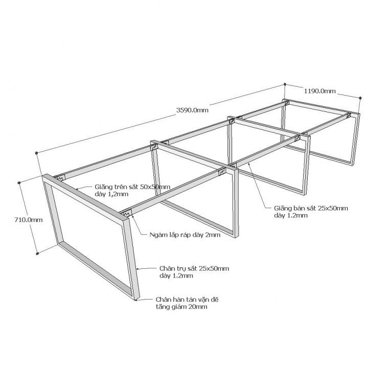 Chân bàn văn phòng cụm 6 360x120 sắt 25x50cm lắp ráp