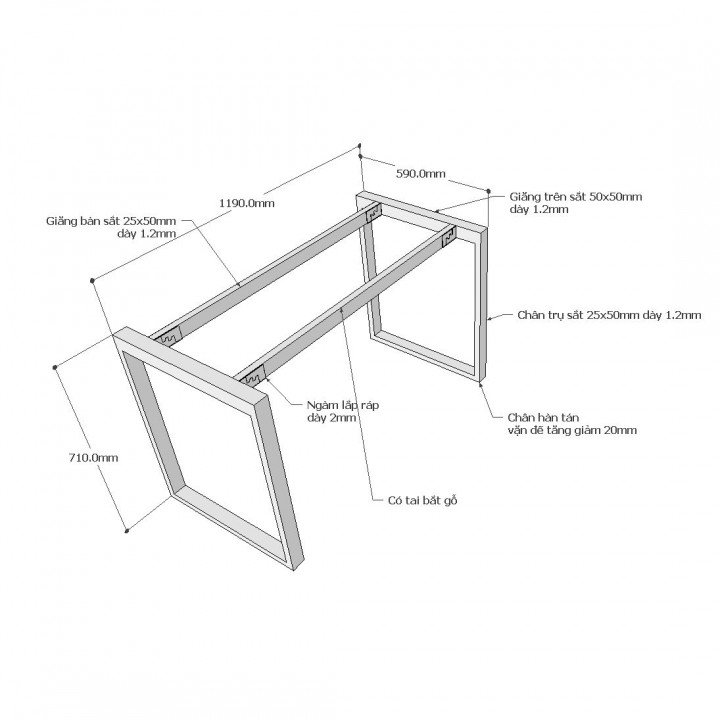 Chân bàn văn phòng 120x60 sắt 25x50 lắp ráp