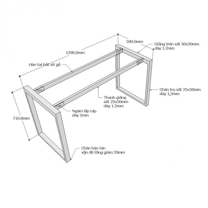 Chân bàn văn phòng 140x60 sắt 25x50 lắp ráp