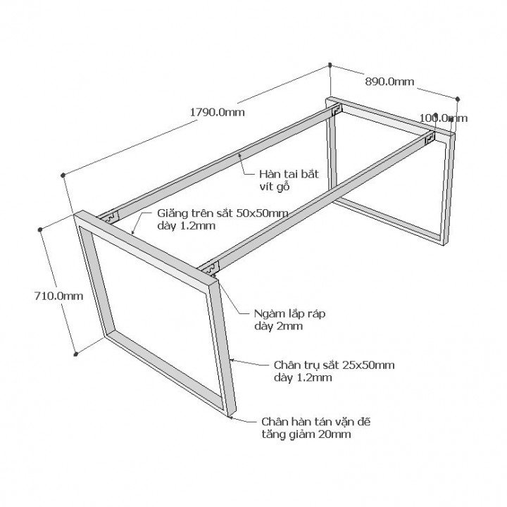 Chân bàn họp văn phòng 180x90 sắt 25x50 lắp ráp