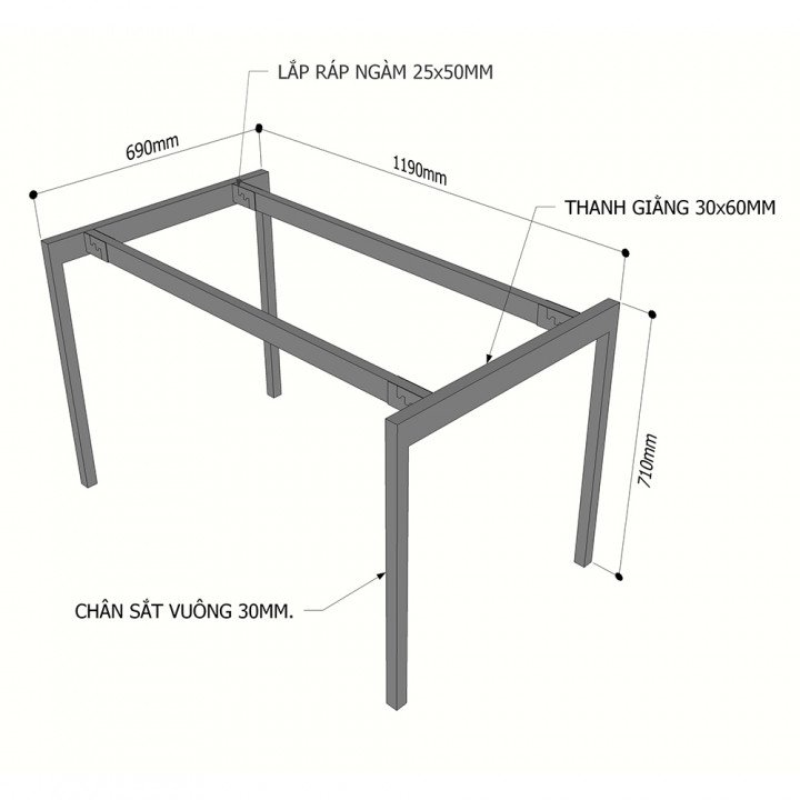 Chân sắt lắp ráp bàn 120x70cm hệ Slean