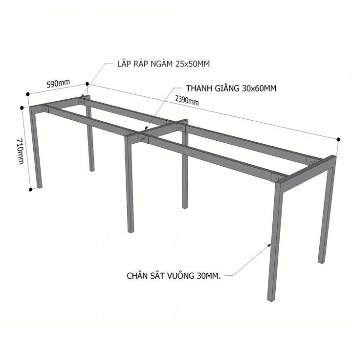 Chân sắt lắp ráp bàn cụm 2 240x60cm hệ Slean