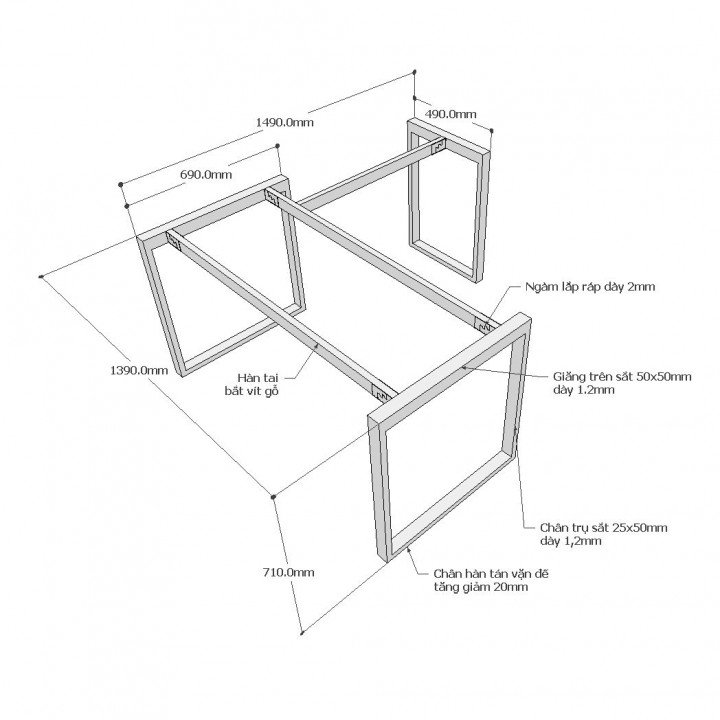 Chân sắt cho bàn chữ L 140x150cm sắt 25x50 lắp ráp