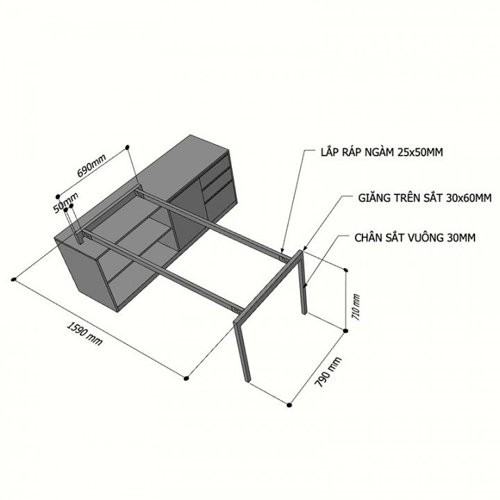 Chân sắt lắp ráp cho bàn gác tủ 160x80cm hệ Slean
