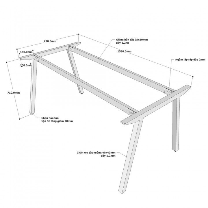 Chân bàn sắt 160x80cm lắp ráp hệ PLY