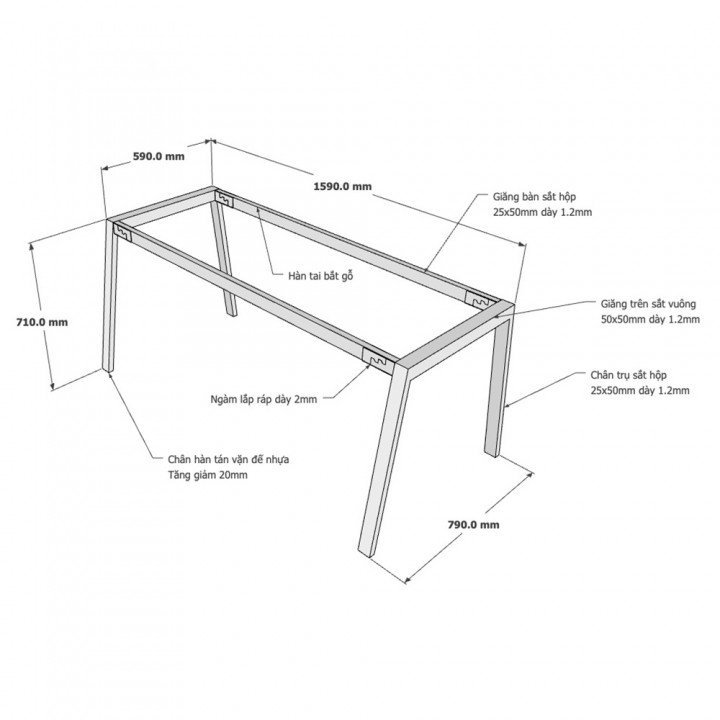 Chân bàn sắt 160x80cm hệ Aton Concept lắp ráp