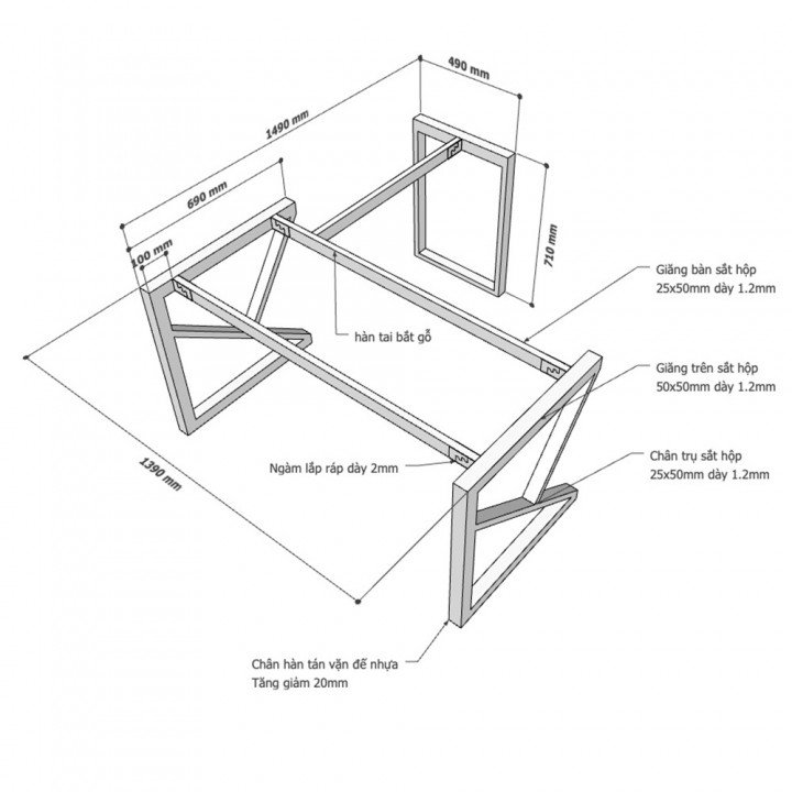 Chân bàn chữ L hệ KConcept 140x150 lắp ráp