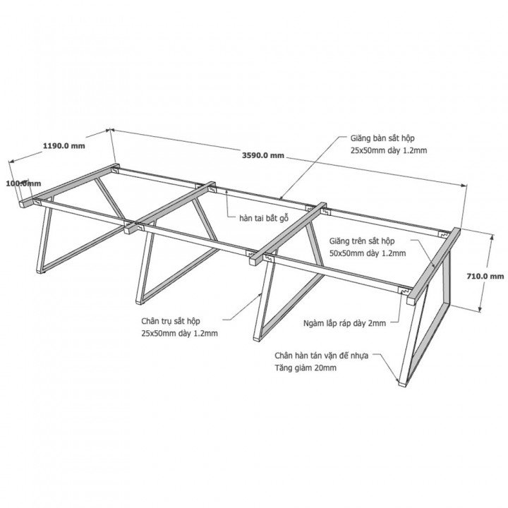 Chân bàn cụm 6 hệ Trapeze II Concept 360x120 lắp ráp