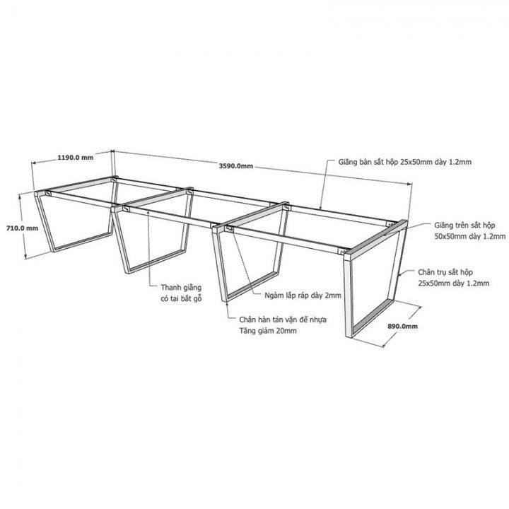 Chân bàn cụm 6 360x120 hệ Trapez Concept lắp ráp