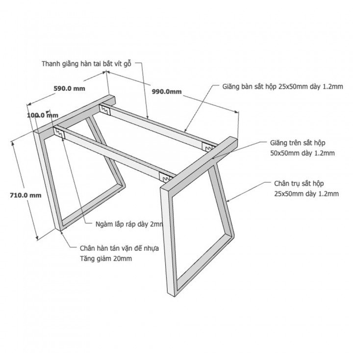 Chân sắt bàn 100x60cm hệ Trapeze II Concept lắp ráp