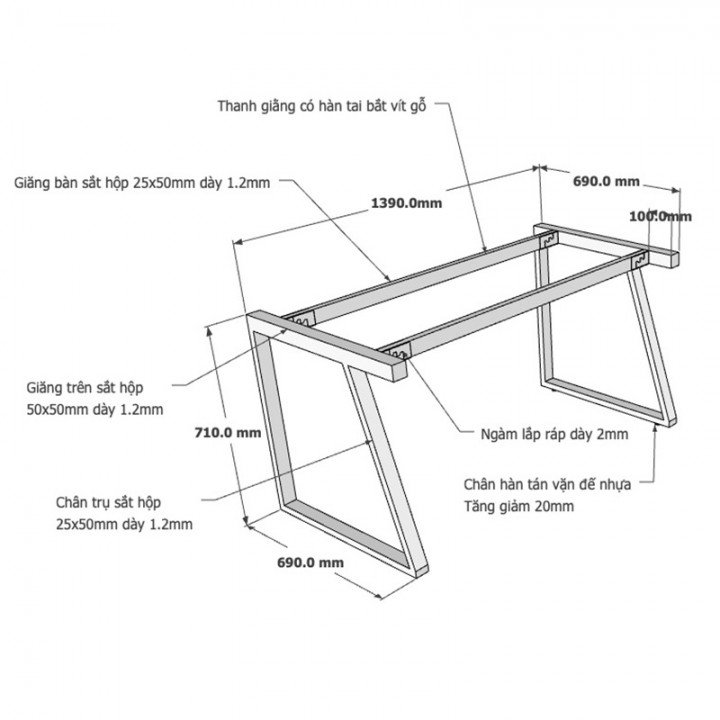 Chân bàn 140x70cm hệ Trapeze II Concept lắp ráp