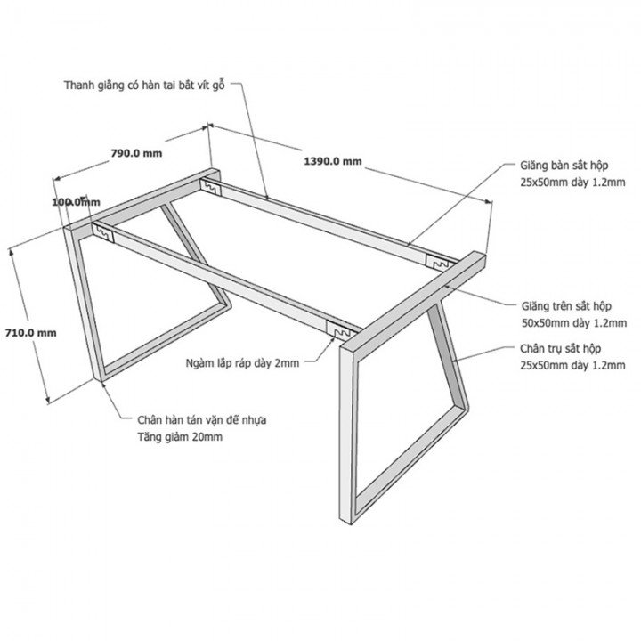 Chân bàn 140x80cm hệ Trapeze II Concept lắp ráp