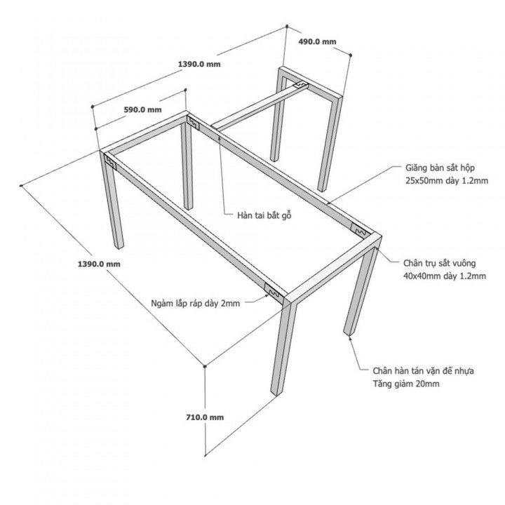 Chân bàn chữ L hệ UConcept 140x140 lắp ráp