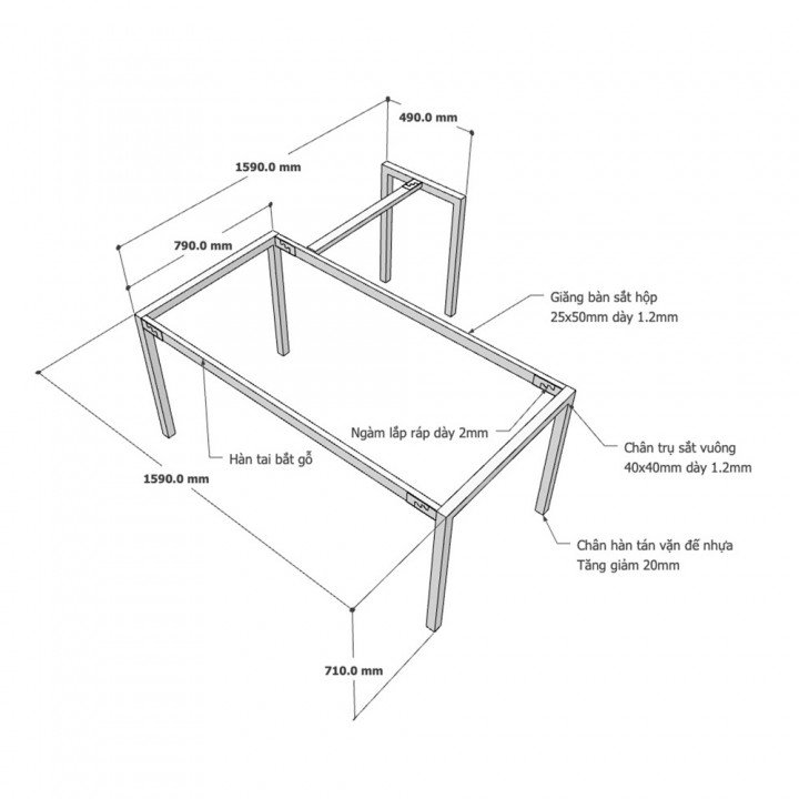Chân bàn chữ L hệ UConcept 160x160 lắp ráp
