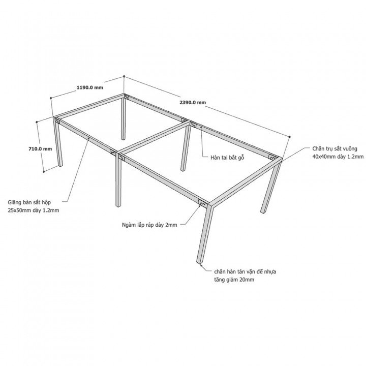 Chân bàn cụm 4 hệ UConcept 240x120 lắp ráp
