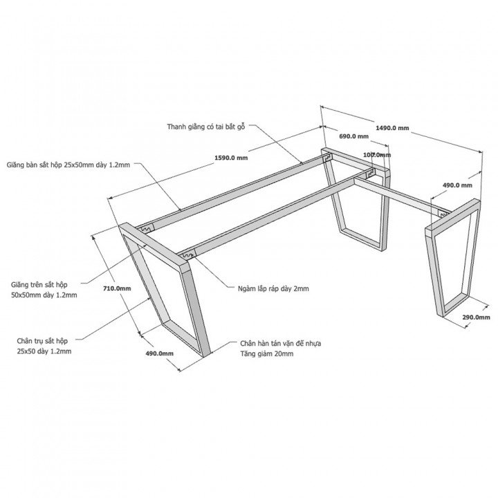 Chân bàn chữ L 150x160 hệ Trapez Concept lắp ráp
