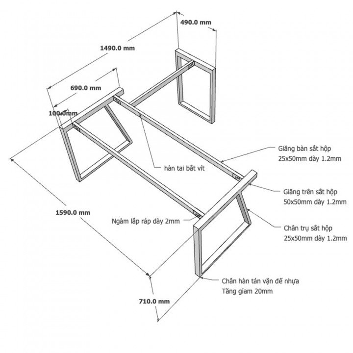 Chân bàn sắt hệ Trapeze II Concept 160x150 lắp ráp
