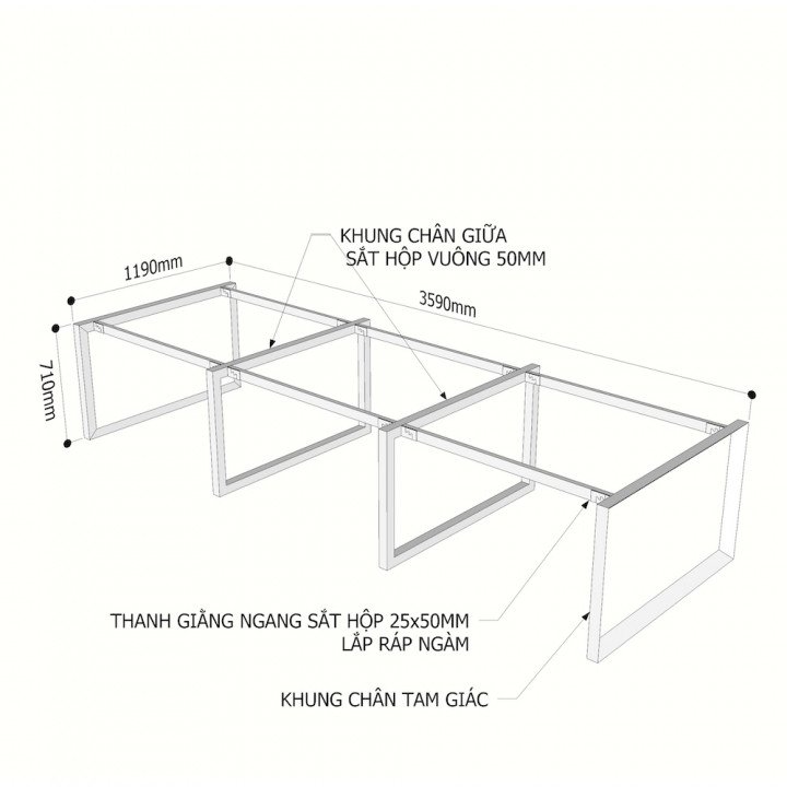 Chân bàn cụm 6 360x120cm chân sắt tam giác hệ Trian II