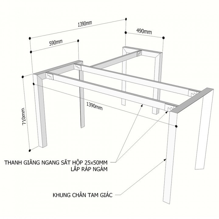 Chân bàn chữ L 140x140cm hệ Trian Concept lắp ráp