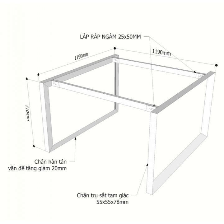 Chân sắt tam giác cho bàn cụm 2 120x120cm hệ Trian II