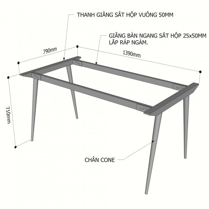 Chân bàn sắt hệ CONE Concept 140x80 lắp ráp