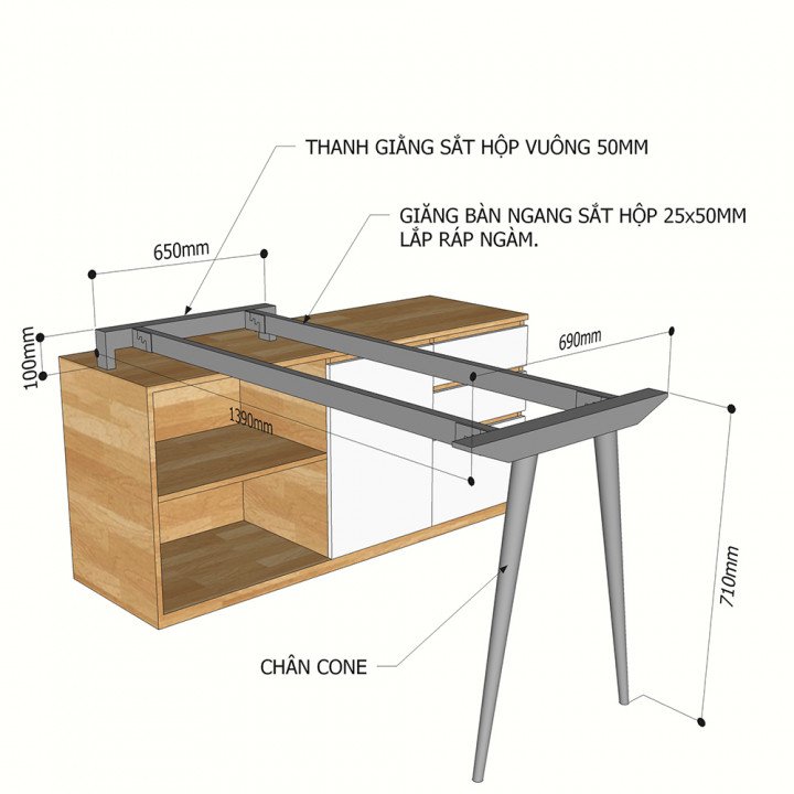 Chân sắt bàn gác tủ hệ CONE Concept 140x70 lắp ráp