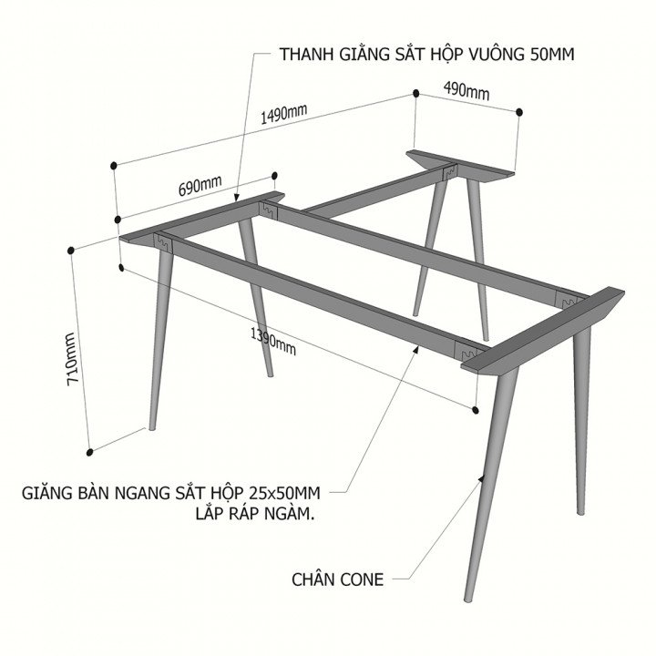 Chân sắt lắp ráp cho bàn chữ L 140x150 hệ CONE concept