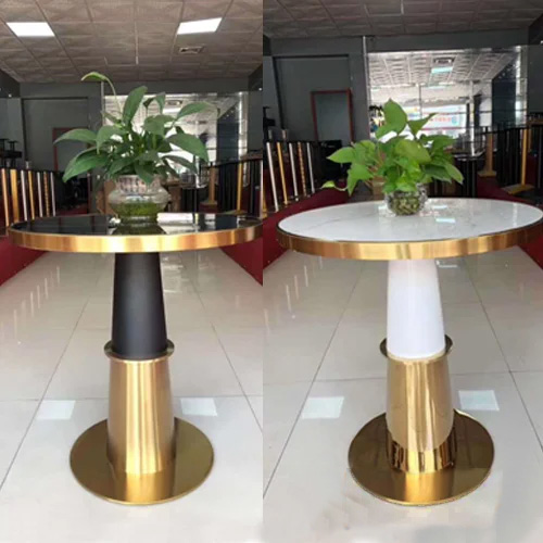 Bàn tròn mặt đá chân inox mạ vàng