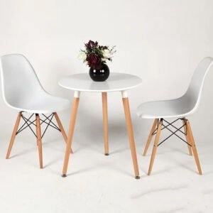 Bộ bàn ăn, cafe hiện đại 2 ghế ngồi gồm bàn tròn T105 và ghế cafe nhựa chân gỗ 207